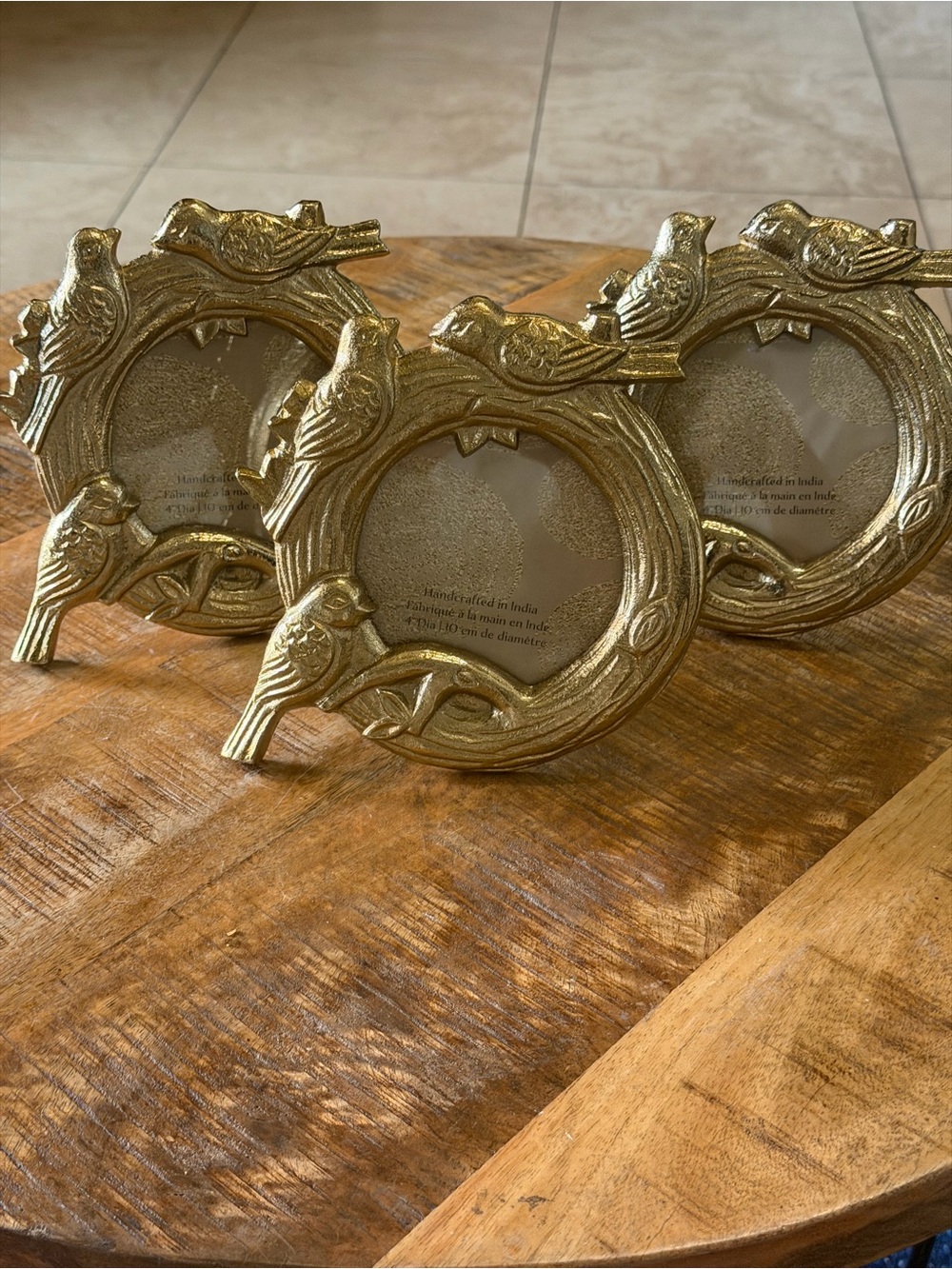 Set of 3 Gold Bird Picture Frames 4” Round Handcrafted in India Metal